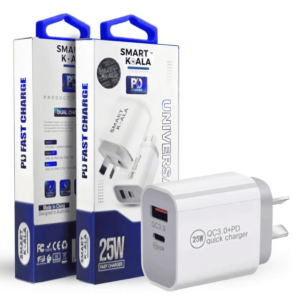 Smart Koala 25W PD Type C + USB A QC3.0 SAA Certified Super Fast Charging Dual Charger Wall Plug Power Adapter For Apple, Samsung, Google, Oppo Smart Koala 25W PD Type C + USB A QC3.0 SAA Certified Super Fast Charging Dual Charger Wall Plug Power Adapter For Apple, Samsung, Google, Oppo
